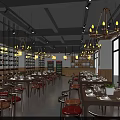 Modern Restaurant Interior With Dining Tables Chairs Hanging Chandeliers Wine Racks And Large Windows