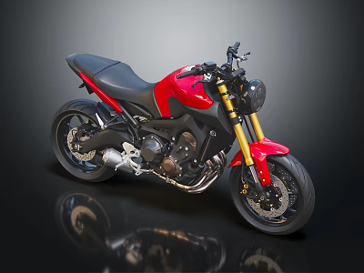 Sleek Red and Black Sport Motorcycle with Black Seat Gold Forks and Silver Exhaust 3d model