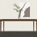 Brown Dining Table With Green Plant Vase Against Beige Wall And Abstract Painting