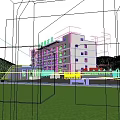 Modern Industrial Factory Building with Green Lawn Security Booth Purple Flowers and Trees