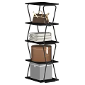 Four Tier Black Metal Shelving Unit With Handbag Folded Towels And Storage Boxes
