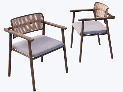 Modern Wooden Dining Chairs With Woven Back And Gray Padded Seat 3d model