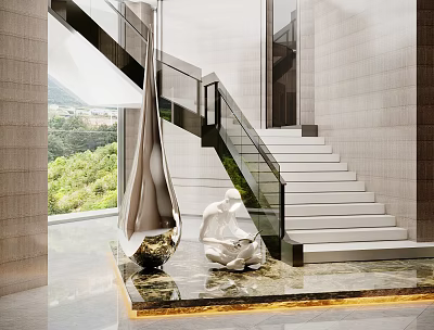 Modern Sculpture Carving Artwork Decorating Staircase Area With Marble Floor And Glass Railing 3d model
