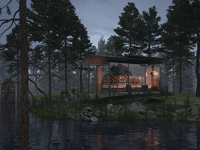 Modern Glass Boutique Hotel Building Amid Forest Trees With Water Reflection And Grass Stones 3d model