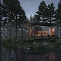 Modern Glass Boutique Hotel Building Amid Forest Trees With Water Reflection And Grass Stones