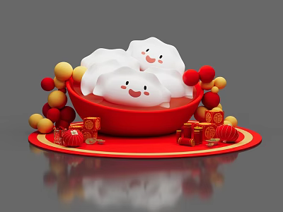 Festive Photo Spot With Red Bowl White Smiling Figures Red Yellow Balloons Lanterns Fu Decorations 3d model