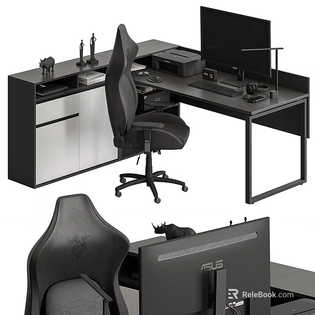 Modern Black Office Desk Setup With Ergonomic Chair And Computer Monitor 3d model 