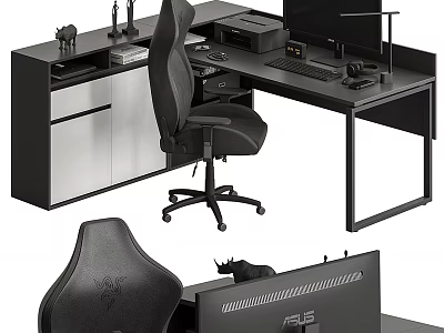 Modern Black Office Desk Setup With Ergonomic Chair And Computer Monitor 3d model