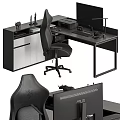 Modern Black Office Desk Setup With Ergonomic Chair And Computer Monitor