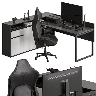 Modern Black Office Desk Setup With Ergonomic Chair And Computer Monitor 3d model