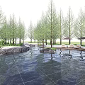 Serene Park Landscape With Rows Of Trees Water Surface Rock Features And Seating Areas