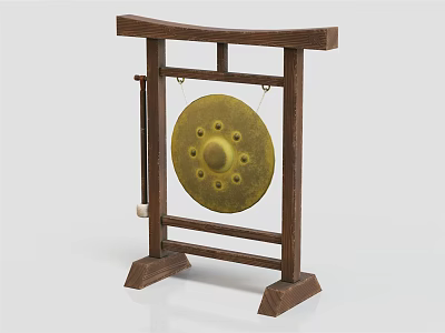 Traditional Brass Musical Gong Instrument with Wooden Frame Stand and Hanging Mallet 3d model