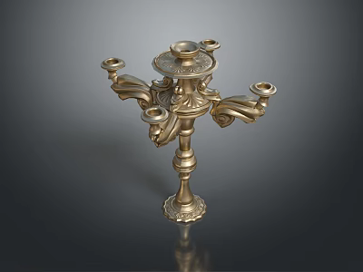 Golden Classical Candelabra With Intricate Carvings Multiple Arms And Ornate Base 3d model