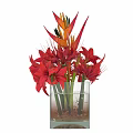Decorative Ornament Set With Red Flowers In Transparent Glass Vase And Decorative Beads