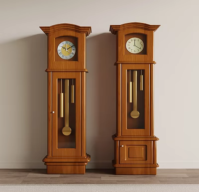 Two Classic Wooden Grandfather Clocks With Glass Door And Brass Pendulums 3d model