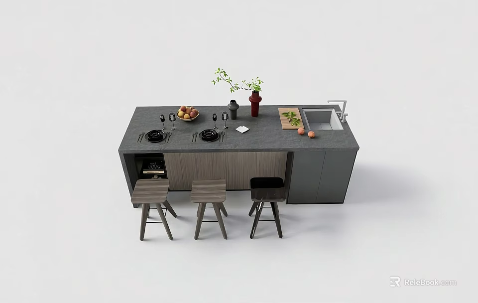 Modern Kitchen Island With Grey Countertop Stovetop Fruits Sink And Wooden Stools 3d model 