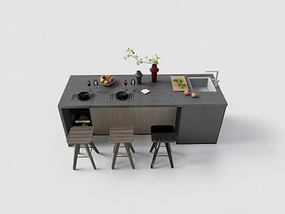 Modern Kitchen Island With Grey Countertop Stovetop Fruits Sink And Wooden Stools 3d model