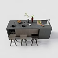 Modern Kitchen Island With Grey Countertop Stovetop Fruits Sink And Wooden Stools