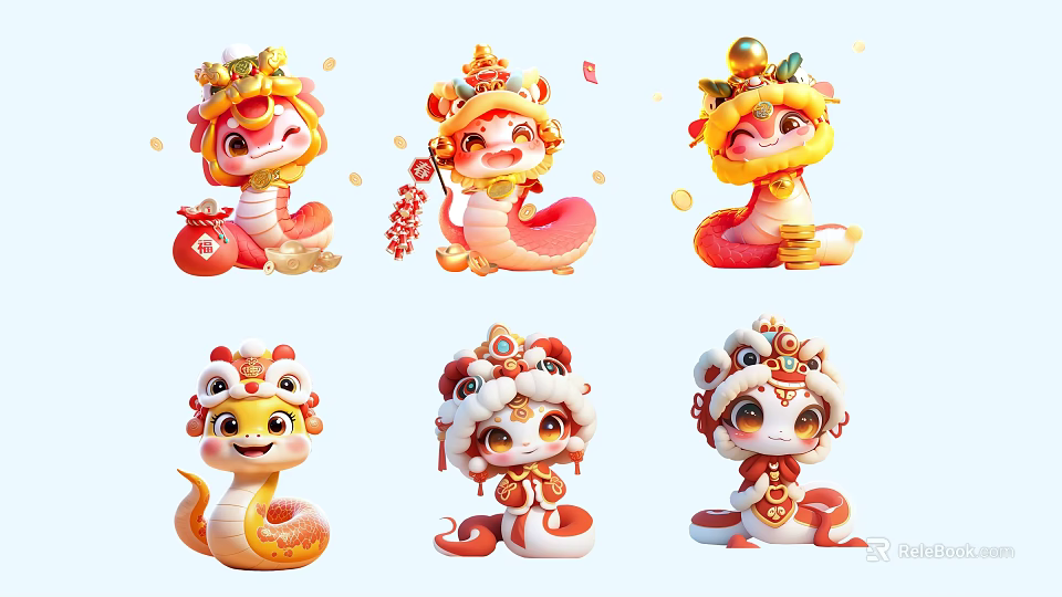 Cute Cartoon Snake Characters with Golden Ingot Lantern and Festive Ornaments as Popular Photo Spot 3d model 