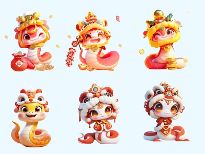Cute Cartoon Snake Characters with Golden Ingot Lantern and Festive Ornaments as Popular Photo Spot 3d model