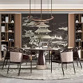 Modern Chinese Restaurant Interior With Round Dining Table Landscape Mural And Bookshelves