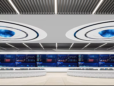 Modern Control Room with Multiple Monitors Data Charts Control Consoles and Ceiling Lighting 3d model