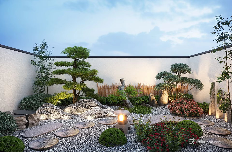 Serene Zen Courtyard Garden With Japanese Pine Stones Lanterns And Lush Greenery 3d model 