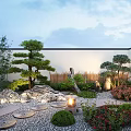 Serene Zen Courtyard Garden With Japanese Pine Stones Lanterns And Lush Greenery