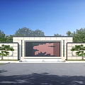 Modern Scenic Feature Wall With Stone Cladding Central Landscape Pattern And Symmetric Trees 3d model