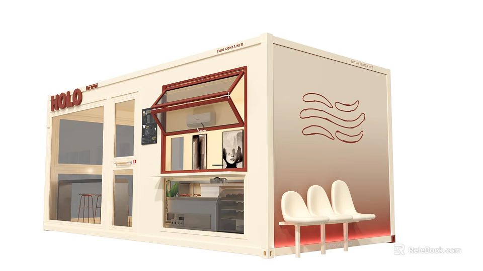 Modern Container Building With Glass Windows Interior Display Counter Wave Pattern And White Chairs 3d model 