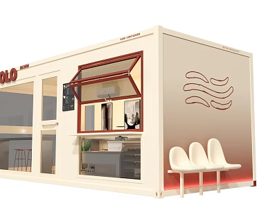Modern Container Building With Glass Windows Interior Display Counter Wave Pattern And White Chairs 3d model