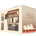 Modern Container Building With Glass Windows Interior Display Counter Wave Pattern And White Chairs
