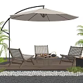 Woven Outdoor Chairs On Wooden Deck With Patio Umbrella Coffee Table And Palm Plants