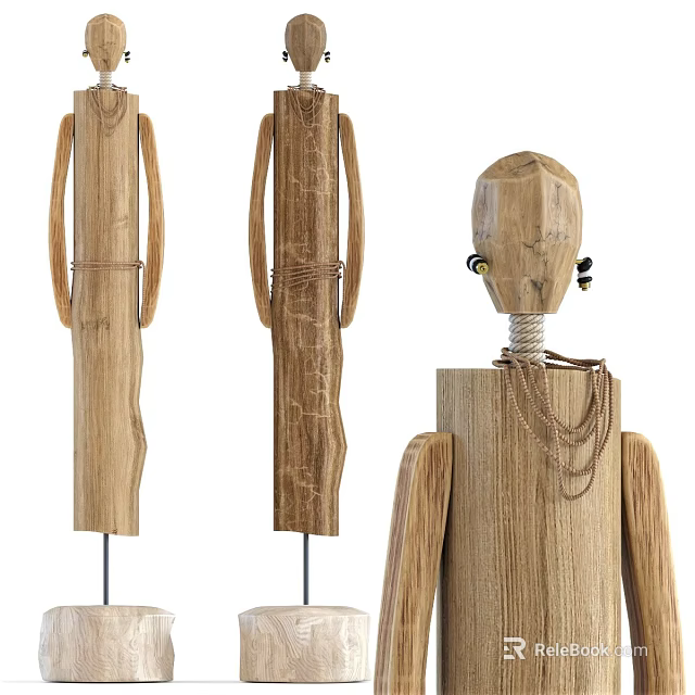 Three Handmade Natural Wooden Dolls Featuring Rope Necklace and Crafted Ear Details 3d model 