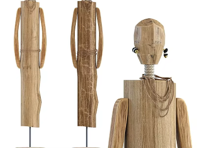 Three Handmade Natural Wooden Dolls Featuring Rope Necklace and Crafted Ear Details 3d model