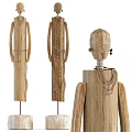 Three Handmade Natural Wooden Dolls Featuring Rope Necklace and Crafted Ear Details