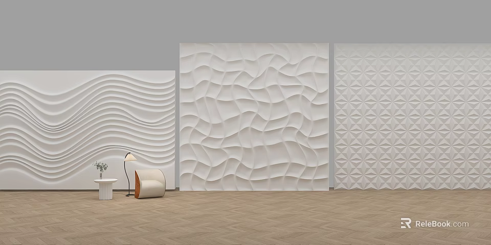 White Textured Wall Panels Three Different Patterns Beige Sofa Green Plant Light Wooden Floor Interior Design 3d model 