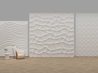 White Textured Wall Panels Three Different Patterns Beige Sofa Green Plant Light Wooden Floor Interior Design 3d model