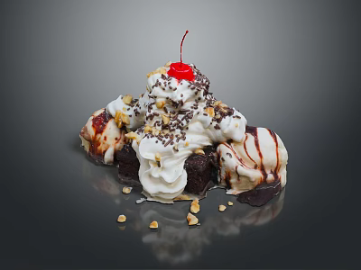 Delicious Ice Cream Sundae With Whipped Cream Cherry Nuts And Chocolate Sauce 3d model