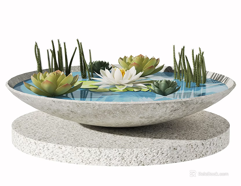 Shallow Basin Aquarium With Blue Water White Lotus Flowers Green Aquatic Plants On Stone Base 3d model 
