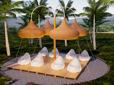 Scenic Camping Site with Conical Canopies White Bean Bags Palm Trees and Green Landscapes 3d model