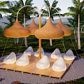 Scenic Camping Site with Conical Canopies White Bean Bags Palm Trees and Green Landscapes