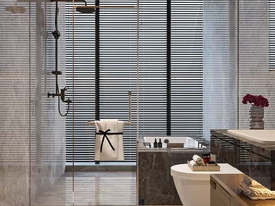 Modern Bathroom Interior with Glass Shower Bathtub Marble Vanity and Decorative Towel 3d model