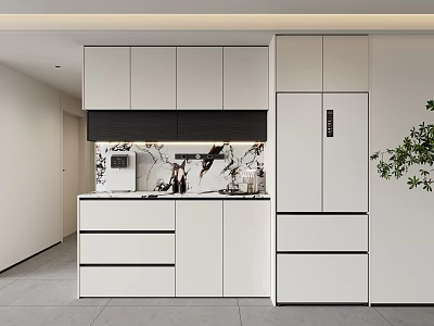 Modern Kitchen Sideboard Design With White Storage Cabinets Drawers And Countertop 3d model