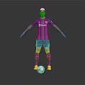 Man Standing in Blue and Red Striped Football Jersey with Soccer Ball at Feet