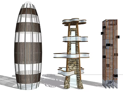 Modern Tower Designs Featuring Wooden Stone Metal Structures And Multi layered Platform Elements 3d model