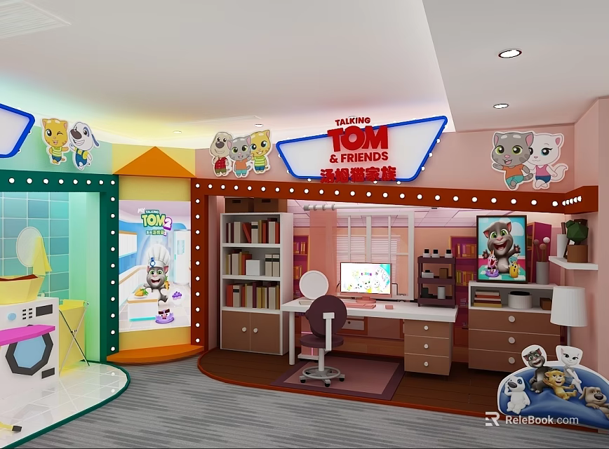 Colorful Public Office Space With Talking Tom Friends Cartoon Decor Bookshelves Desk Computer And Rug 3d model 