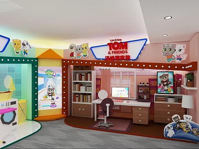 Colorful Public Office Space With Talking Tom Friends Cartoon Decor Bookshelves Desk Computer And Rug 3d model