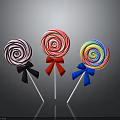 Three Vibrant Swirl Lollipops With Black Red Blue Bows And Shiny Surface On Dark Background