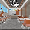 Modern Restaurant Interior With Orange Chairs White Tables Large Screen Menu And Hexagonal Ceiling Lights 3d model
